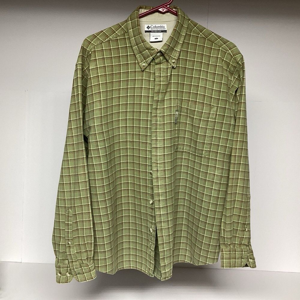 Columbia Flannel Shirt Mens Large Olive Green Brown Plaid XCO Button Down Layer